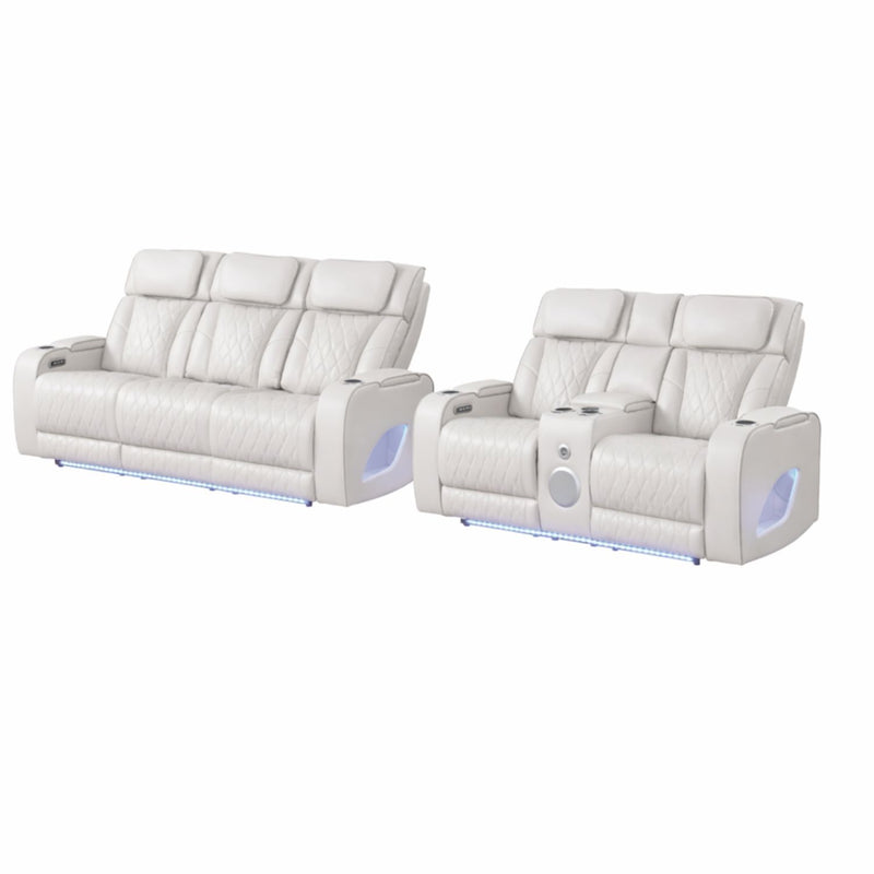 Fortuner Power Reclining 2Pc Living Room Set in Beige Faux Leather with LED Lights, Massage Function, Bluetooth Speakers and Wireless Charging