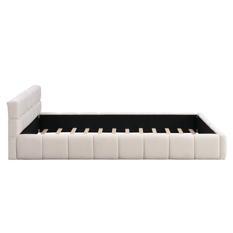 Elegant Beige Chenille Upholstered Bed with Checkerboard Design, Queen, Beige