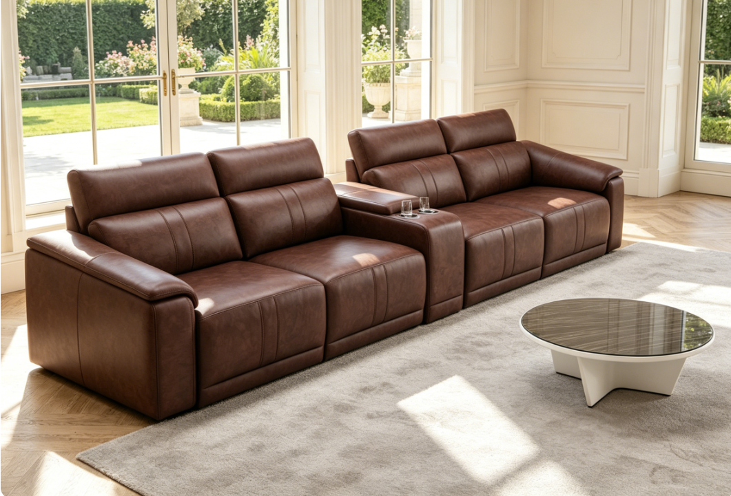 Power Recliner Sofa Set, 4-Seat Reclining Sectional Sofa with Adjustable Headrest &  Power Recline, Breathable Leather with Storage Console & USB Ports, Easy Assembly Living Room Furniture Sets