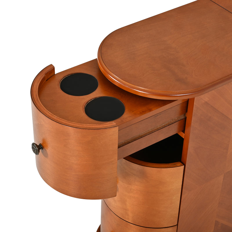 Modern End Table with Hidden Cup Holder Drawer, Charging Station & Pull-Out Side Table, Wooden Bedside Table with 2 Storage Drawers, Space Saving End Table for Bedroom & Living Room