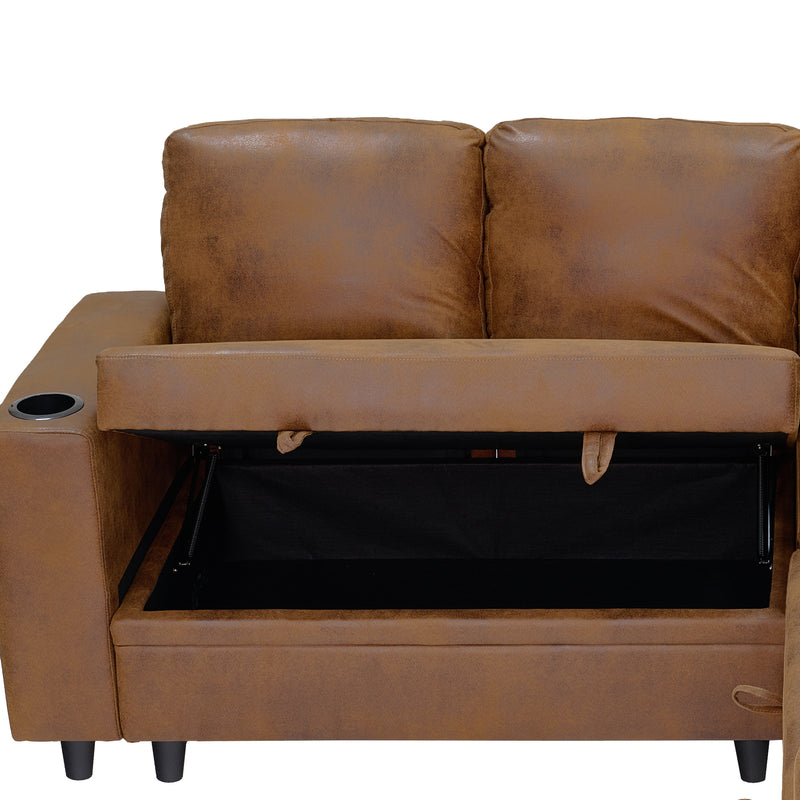 Foil Fabric upholstered L-Shape Sectional Sofa Bed with Pull Out Sleeper and Storage, Convertible Corner Couch with Cup Holders & Side Pockets for Living Room