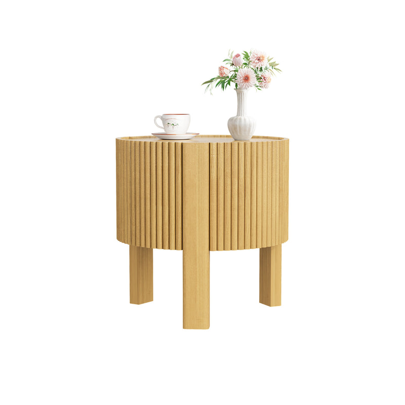 Round Fluted Side Table with Storage for Living Room, Rubber Solid Wood, Soft-close Door, Natural, 19.6'