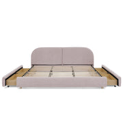 King Size Upholstered Bed Frame Modern Minimalist Style - Circle Yarn Fabric, Tall Curved Headboard, Sturdy Leg Support & Wheeled Drawer Storage, Mattress Not Included - Pink