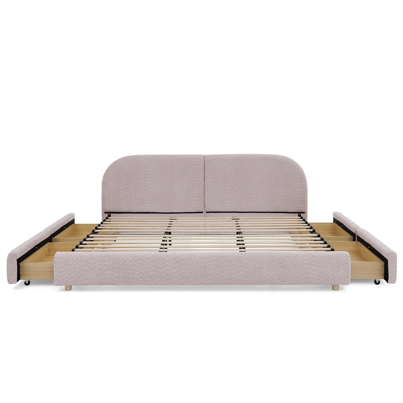 King Size Upholstered Bed Frame Modern Minimalist Style - Circle Yarn Fabric, Tall Curved Headboard, Sturdy Leg Support & Wheeled Drawer Storage, Mattress Not Included - Pink