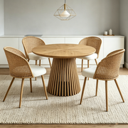 Round wooden dining table + 4 brown wicker dining chairs in Bohemian medieval style with soft beige sponge cushions