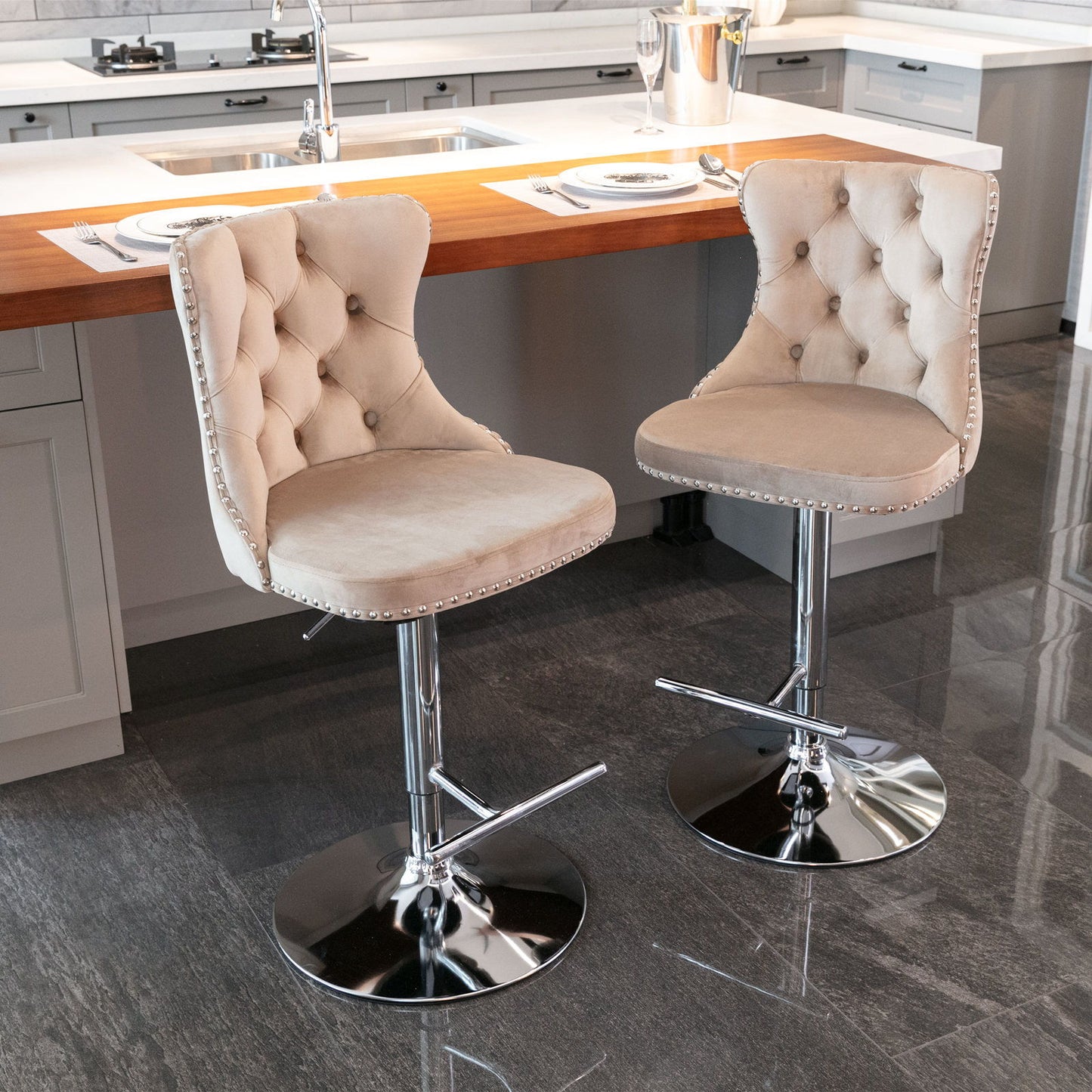 Swivel Barstools Adjusatble Seat Height From 25-33", Modern Upholstered Base Bar Stools With Backs Comfortable Tufted For Home Pub And Kitchen Island (Set of 2)