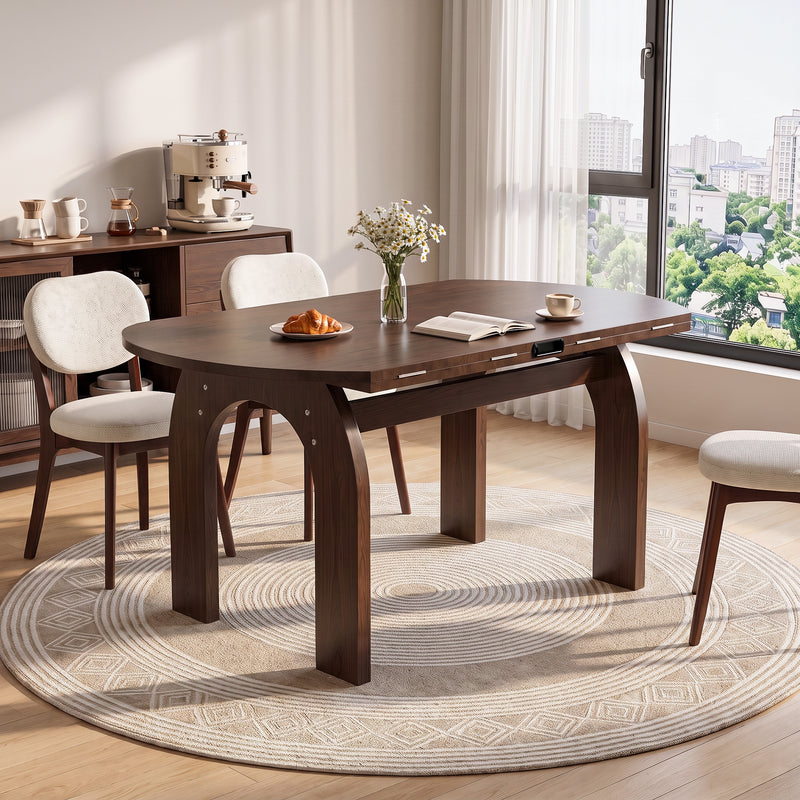 51.2' Solid Wood Extendable Dining Table Set with 6 Upholstered Chairs, 7 Piece Farmhouse Dinner Set with Walnut Finish & Arch Legs, Drop Leaf Converts Oval to Round for Small Spaces, Easy Assembly