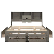 King Size Platform Bed with Storage Headboard and 8 Drawers, Gray
