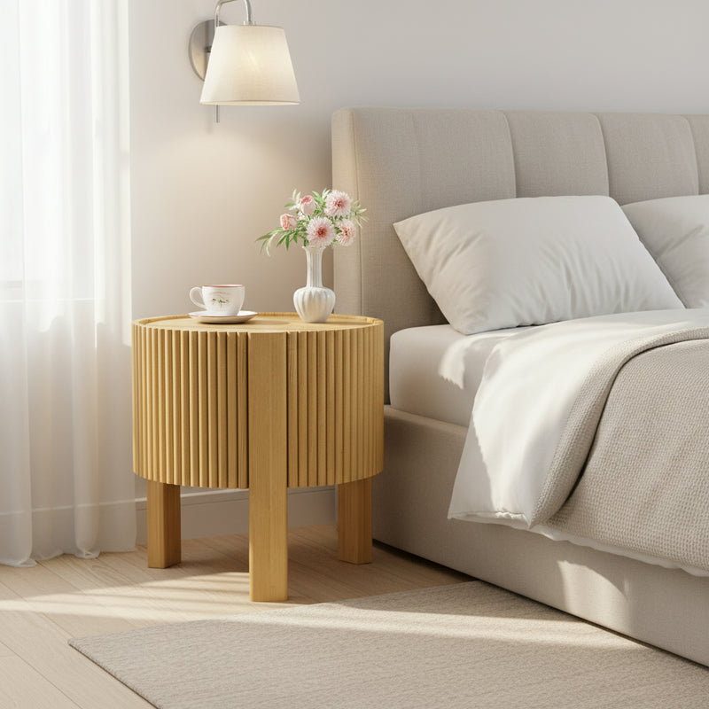 Round Fluted Side Table with Storage for Living Room, Rubber Solid Wood, Soft-close Door, Natural, 19.6'