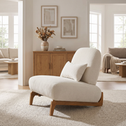 Modern Armless Accent Chair with Curved Wood Base, Linen Upholstered Slipper Chair with Lumbar Pillow, High-Back Lounge Chair for Living Room, Bedroom & Reading Nook, Cream White