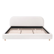 King Size Platform Bed with Boucle Fabric, Boucle Fabric Upholstered Platform Bed with Curve-Shaped Design Headboard, White, Easy Assembly