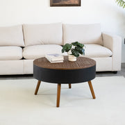31.5-inch round coffee table with storage function, featuring an engraved tabletop, is an ideal beverage table for small spaces, serving as a modern-style accent side table suitable for living rooms,