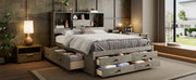 Queen Size Platform Bed with Storage Headboard and 8 Drawers, Gray