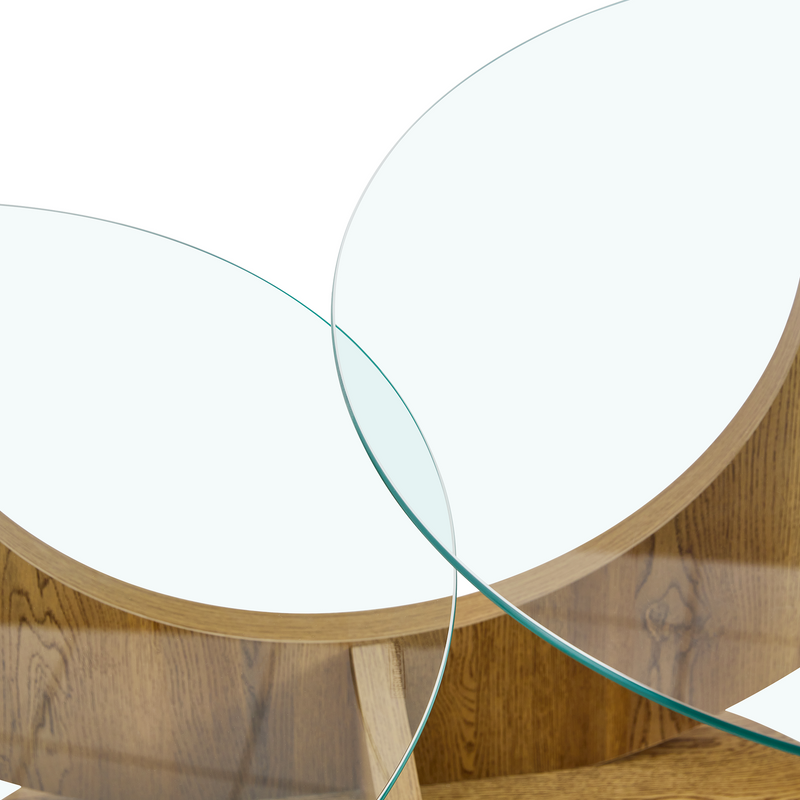 Creative U-Shaped Double-Tier Glass Coffee Table with Wood-Grain MDF Base: A Modern, Minimalist Living Room Side Table with Adjustable Height.