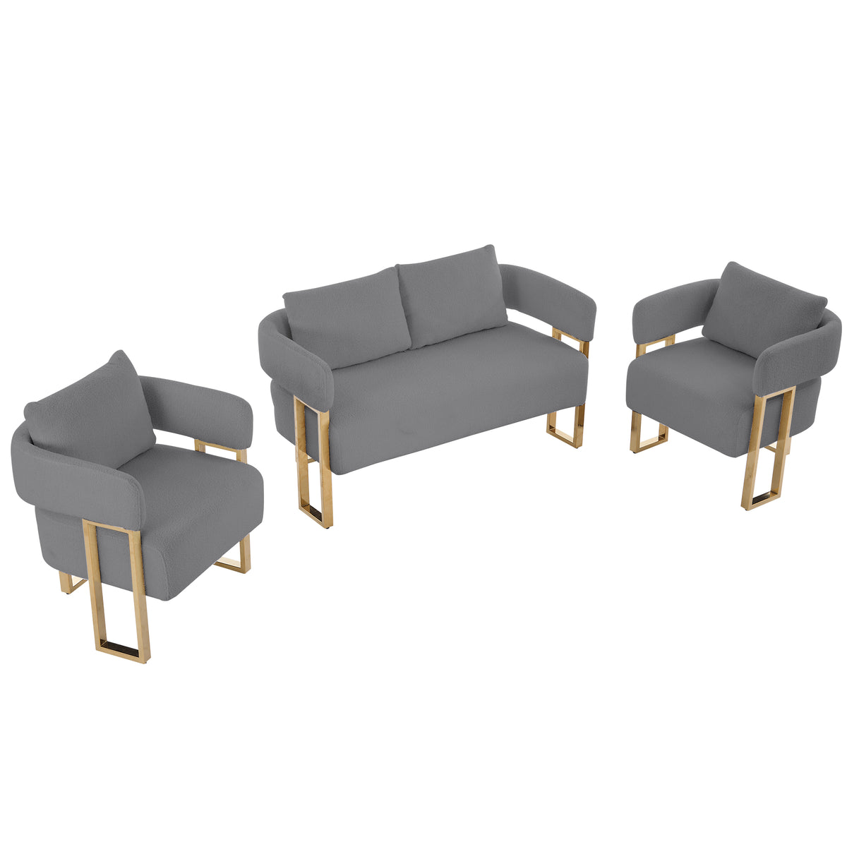 TS Modern Decorative Chair with Gold Metal Legs, Grey Teddy Fleece Upholstered Side Chair for Living Room, Dressing Area, Office, No Wheels, Combo Set