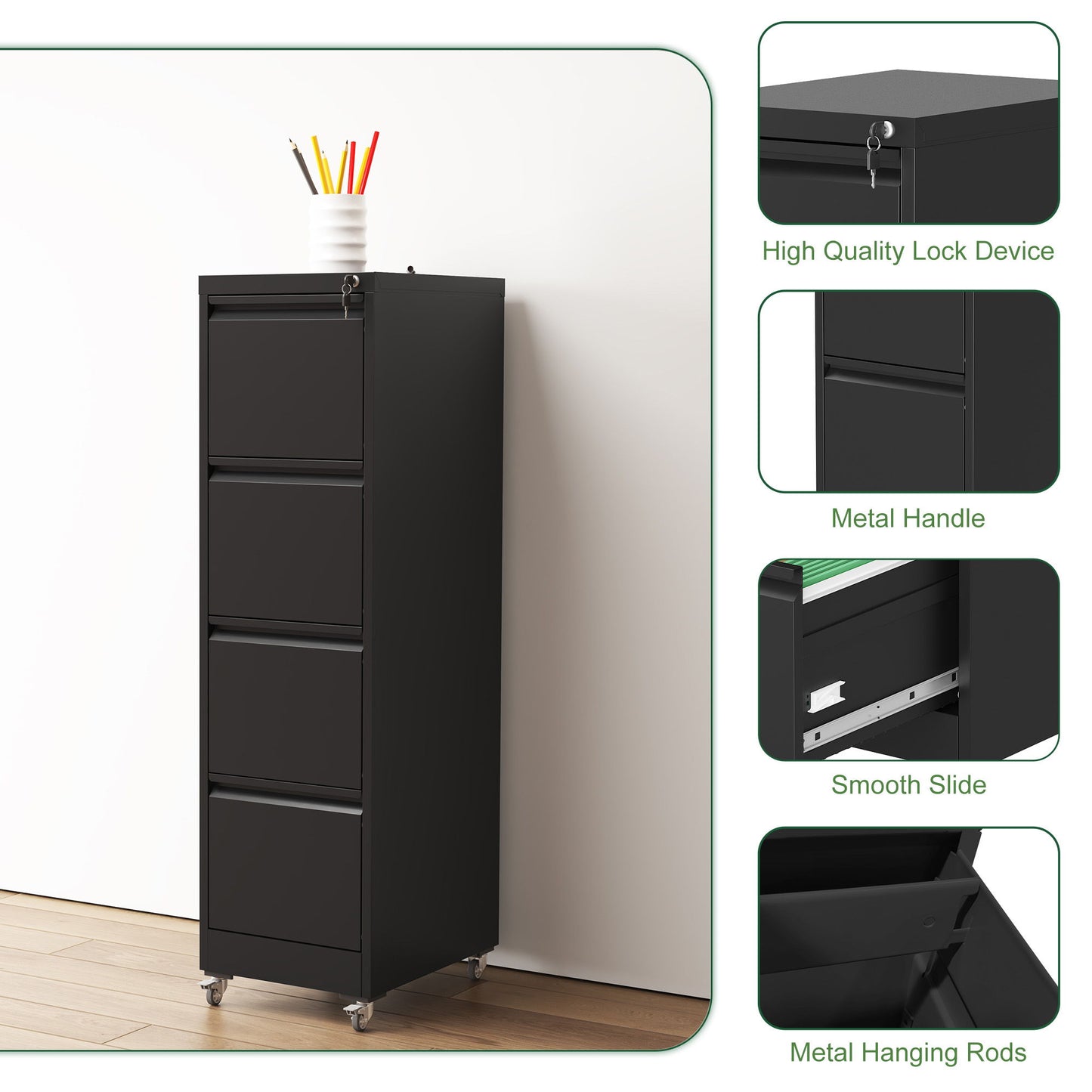 Drawer Metal Locking Vertical File Cabinet With Wheels Heavy Duty Lockable Storage