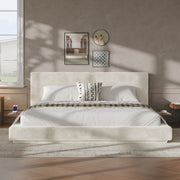 AirFrame King Bed Frame with Adjustable Sliding Side Table Visual Floating Effect, 8.7'' Cloud Upholstered Sponge Cushion, Easy Assembly (Off-White).