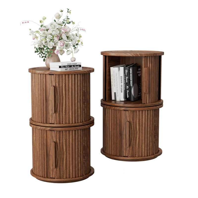 4Piece Round Coffee Table Set, Modern Nesting Side Tables with Sliding Door Storage, Walnut Finish Sofa End Table & Bedside Nightstand for Living Room & Bedroom, Fluted Roman Column Design Accent Tab
