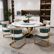 Round Dining Set with 360° Rotating Lazy Susan, Scratch & Heat‑Resistant Sintered Stone Tabletop, 6 Gold‑Plated Iron Thick Cushion Chairs for Dining Room, Kitchen, Compact Space
