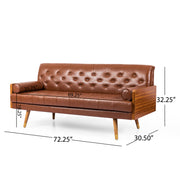 Adelaide Mid-Century Modern Tufted Sofa with Rolled Accent Pillows in Light Brown PU