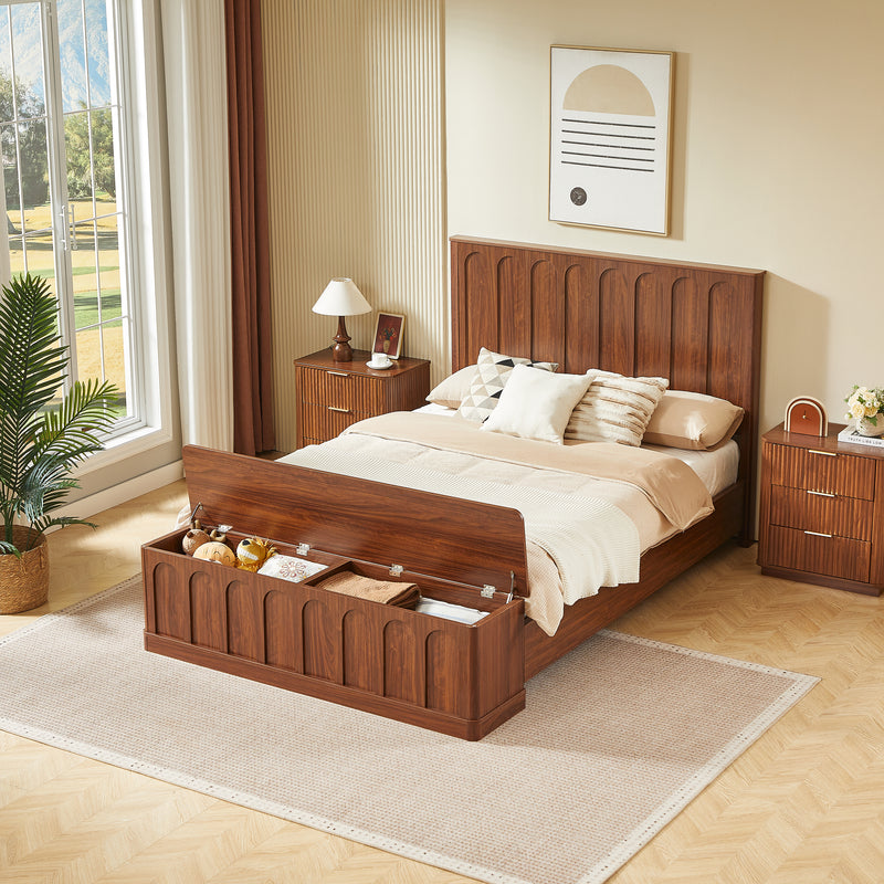 Queen Size Bed Frame with Storage, Mid-Century Modern Wood Platform Bed with Footboard Bench, Arched Panel Design, No Box Spring Needed, Walnut.