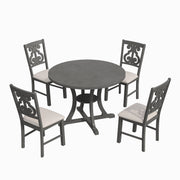 TREXM Retro-Style 5-Piece Round Dining Table and Chair Set with Unique Legs and Hollow Chair Back in Gray MDF