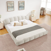 King Size Elegant Chenille Upholstered Platform Bed Frame, Thick Curved Headboard & Wrapped Footboard, Low Profile Floor Bed, No Box Spring Required, Easy Assembly, Beige