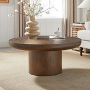 Round Coffee Table with Cylindrical Leg,Wood Veneer Tabletop Table,Rounded Sofa Side Table for living Room Office,Brown
