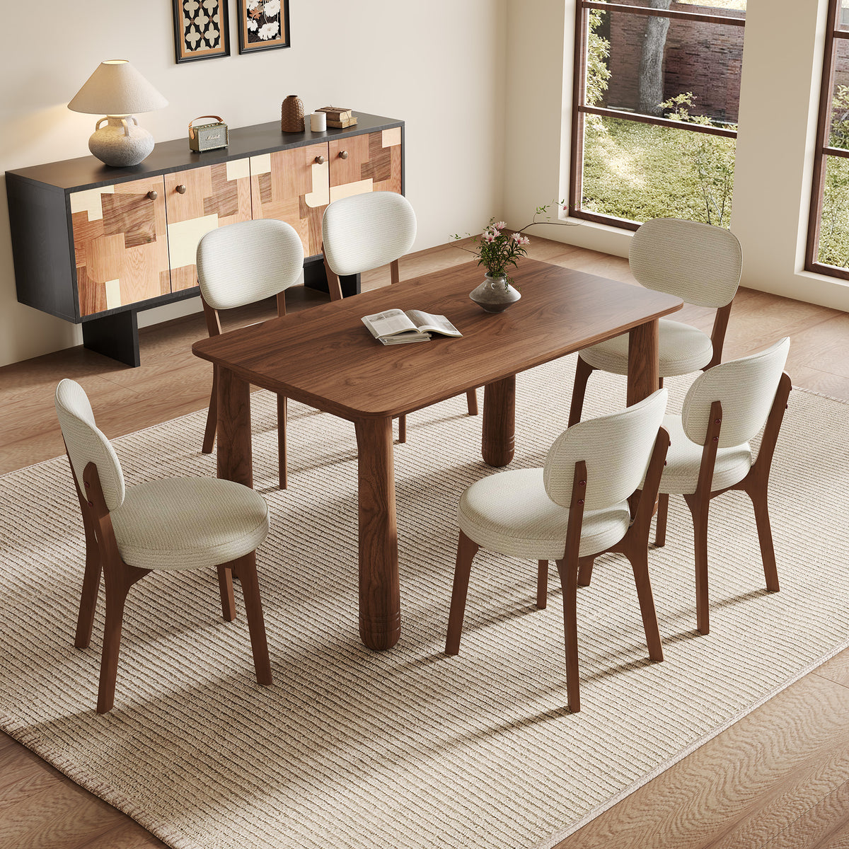 63' Solid Wood Dining Table Set with 6 Upholstered Chairs, Farmhouse Dinner Table Set of 7 Piece with Walnut Finish & Beige Chenille Seats, Heavy-Duty Support up to 1000 lbs, Easy Assembly