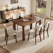 63' Solid Wood Dining Table Set with 6 Upholstered Chairs, Farmhouse Dinner Table Set of 7 Piece with Walnut Finish & Beige Chenille Seats, Heavy-Duty Support up to 1000 lbs, Easy Assembly