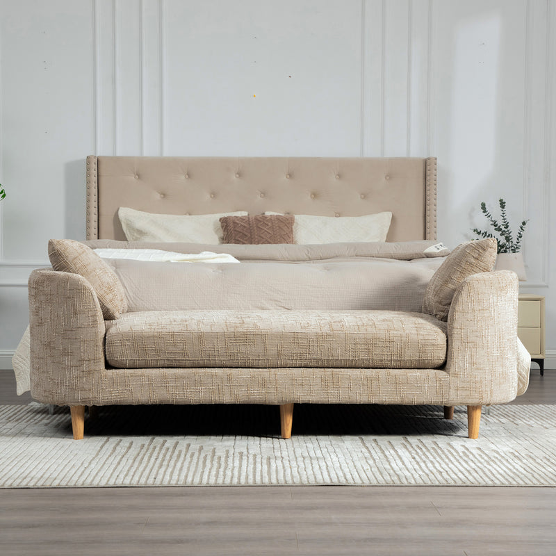 Wide Modern Upholstered End of Bed Bench with Armrests, Chenille Chaise Lounge Couch with 2 Bolster Pillows, Daybed with Rubberwood Legs For Living Room,Bedroom,Apartment,Guestroom,WHEAT