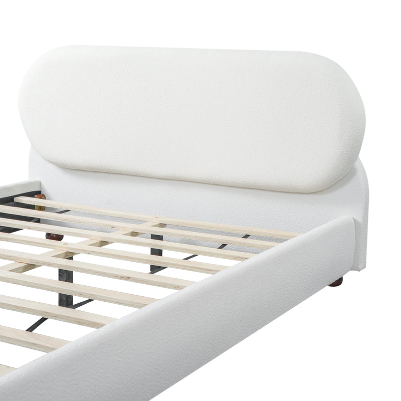 Cream-colored Boucle Upholstered Bed with Rubber Wood Foot ,Queen