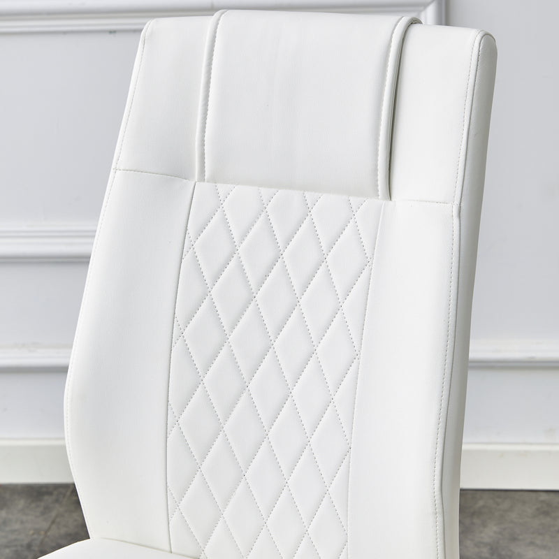 Table and chair set.A Modern Minimalist Style Round Clear Tempered Glass Table with Metal Legs.Paried with white chairs with Modern PU Leather High Back Upholstered and C-Tube Golden Legs.