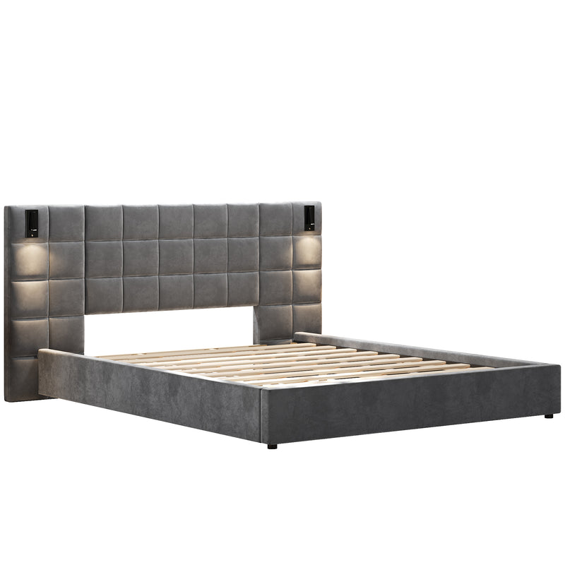 King Size Upholstered Bed Frame,With Wall Sconce And USB Port, Wide Headboard, Velvet, Gray