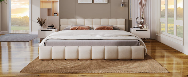 Elegant Beige Chenille Upholstered Bed with Checkerboard Design, Queen, Beige