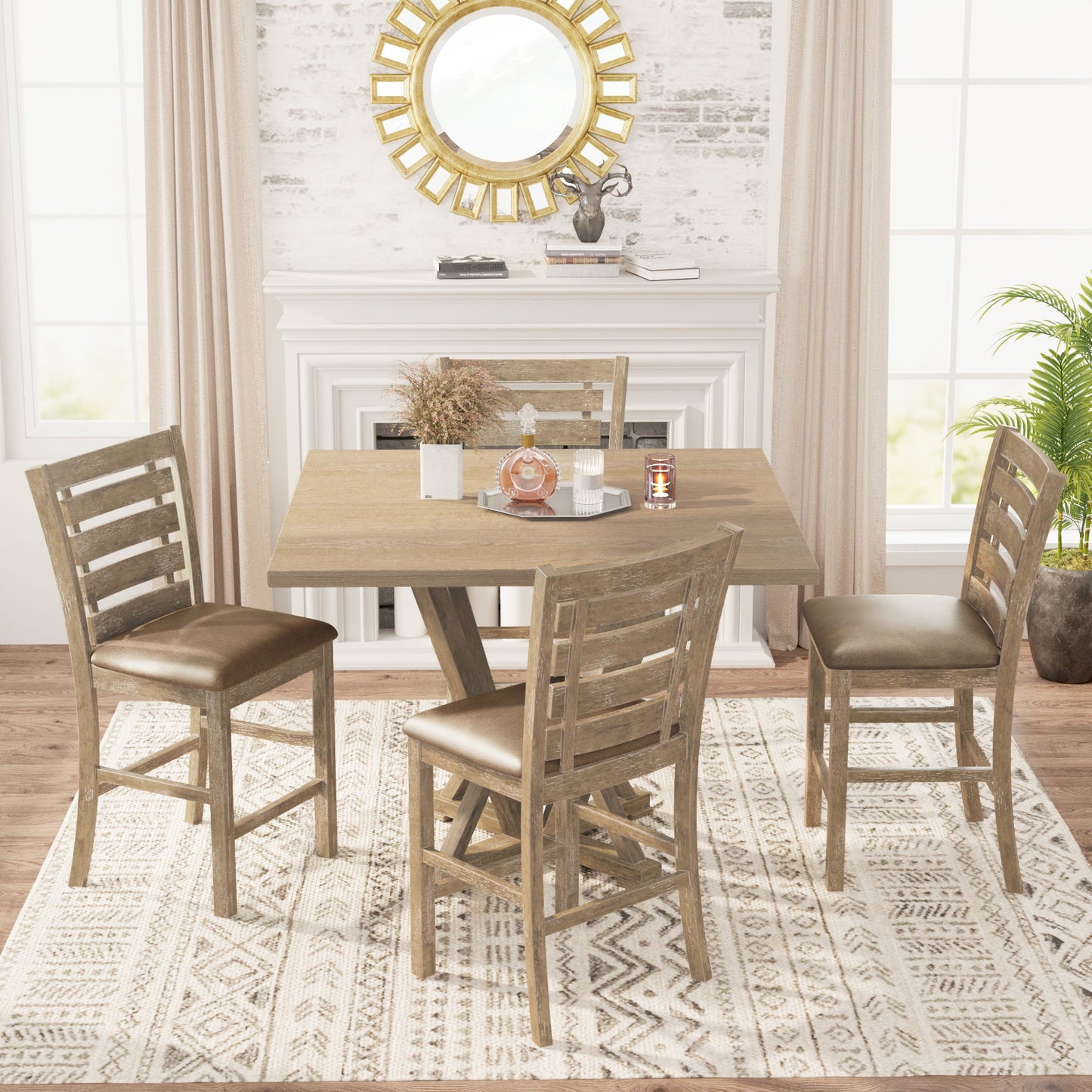 5 Pieces Set Counter Table Set Square Counter Table Solid Wood Modern Farmhouse Rustic Look Distressed Look - Grayish Brown