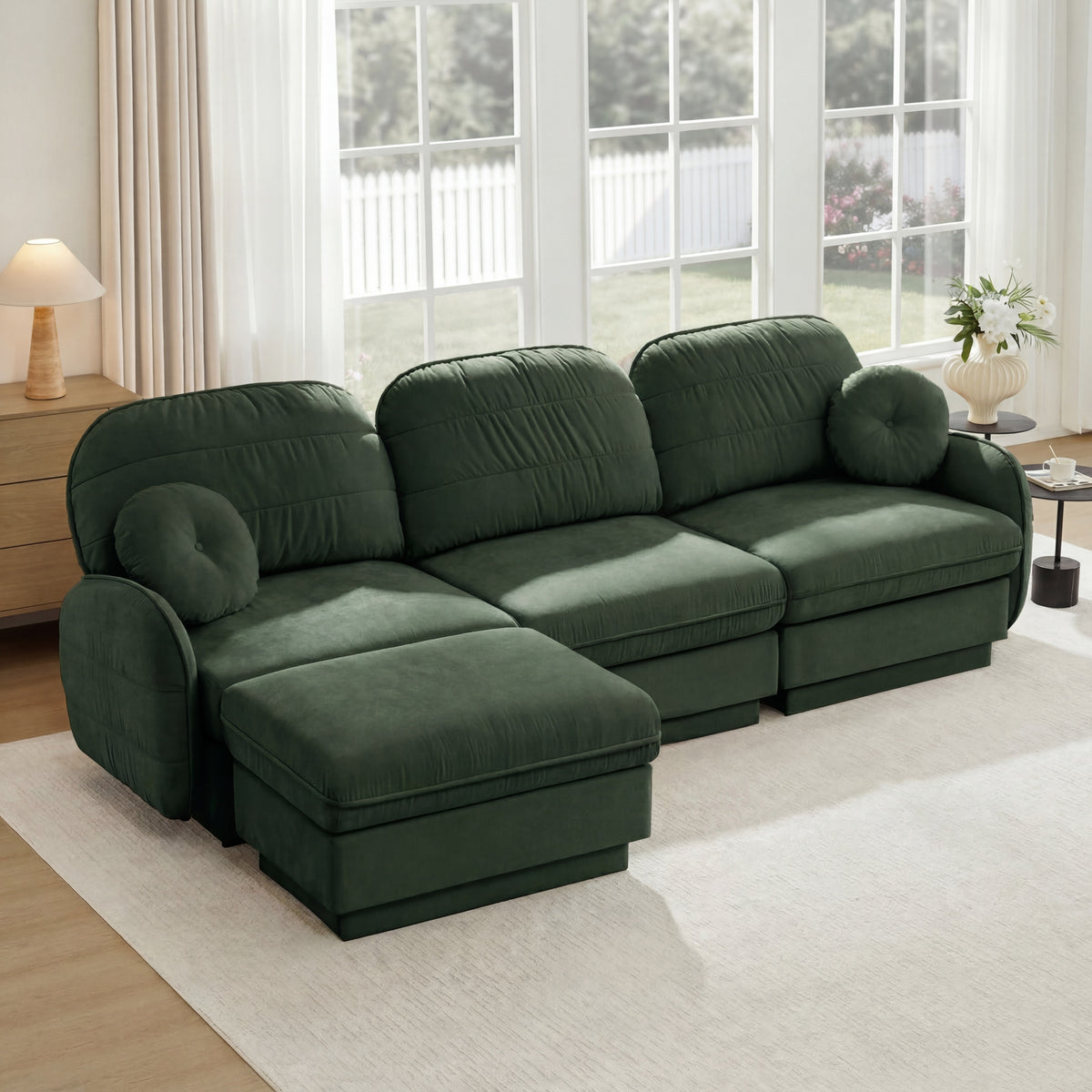 Oversize Chenille L-Shaped Sofa,Deep Seat Sofa Couch with Movable Ottoman,Exquisite round pillows and quilted back cushions,Recessed Base Frame Legs,Easy Assembly,Fits Living Room,Green