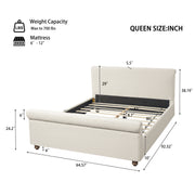 Queen Size Upholstered Bed Frame With Linen Fabric, Thick Headboard And Solid Wood Legs, Beige