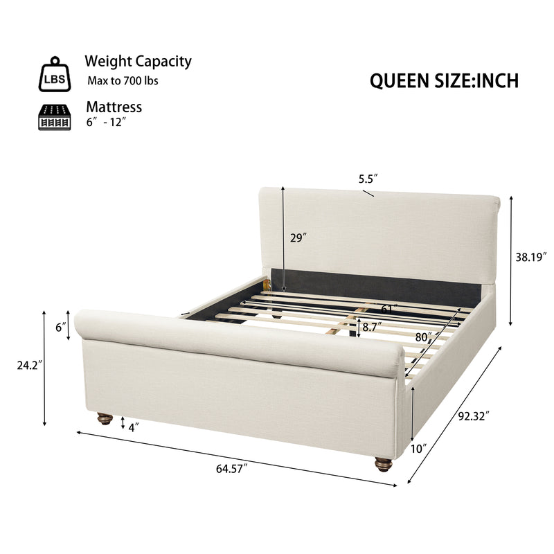 Queen Size Upholstered Bed Frame With Linen Fabric, Thick Headboard And Solid Wood Legs, Beige