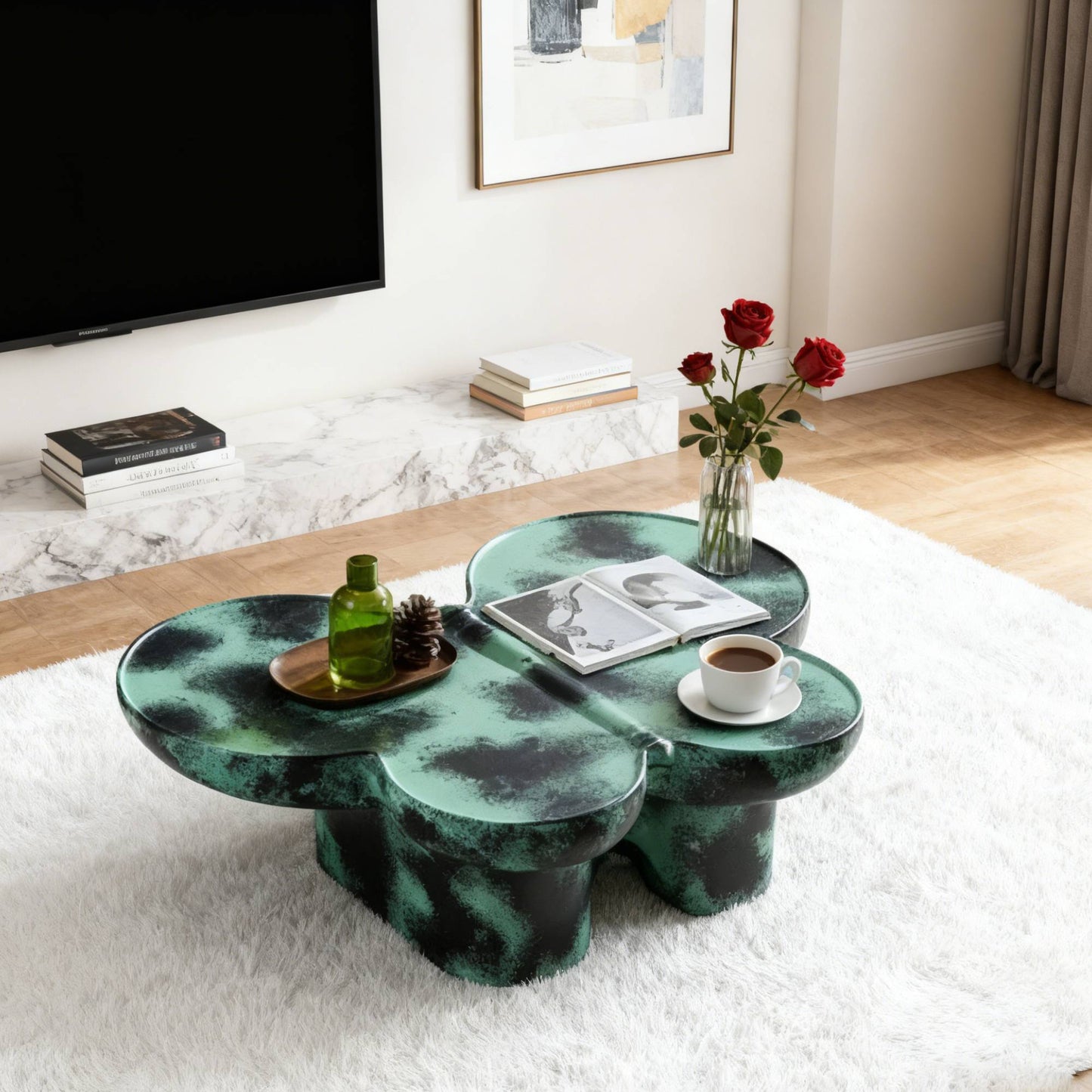 Modern Coffee Table Faux Travertine Textured for Livingroom/Office,Green + Black