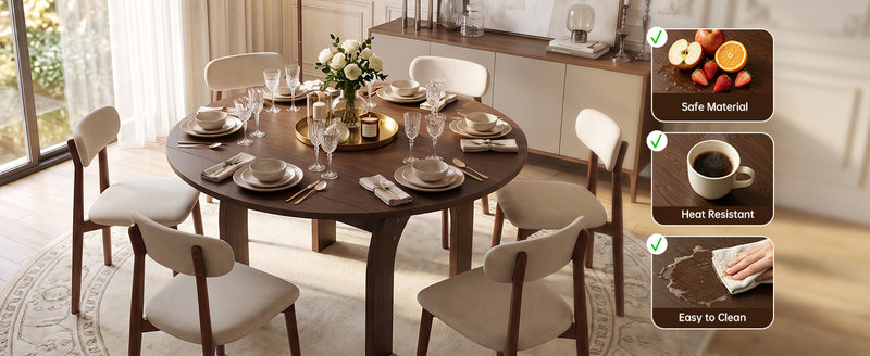 51.2' Solid Wood Extendable Dining Table Set with 6 Upholstered Chairs, 7 Piece Farmhouse Dinner Set with Walnut Finish & Arch Legs, Drop Leaf Converts Oval to Round for Small Spaces, Easy Assembly