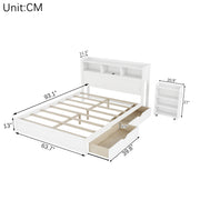 Queen Size Bed with Drawers, Wood Queen Bed with Storage Headboard and Pull Out Storage Cabinet, Wood Bed with Light and Socket, White(Expect Arrival Date 2026/7/30)