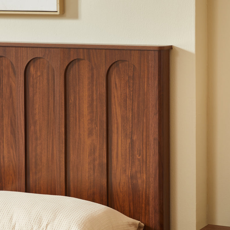 Queen Size Bed Frame with Storage, Mid-Century Modern Wood Platform Bed with Footboard Bench, Arched Panel Design, No Box Spring Needed, Walnut.