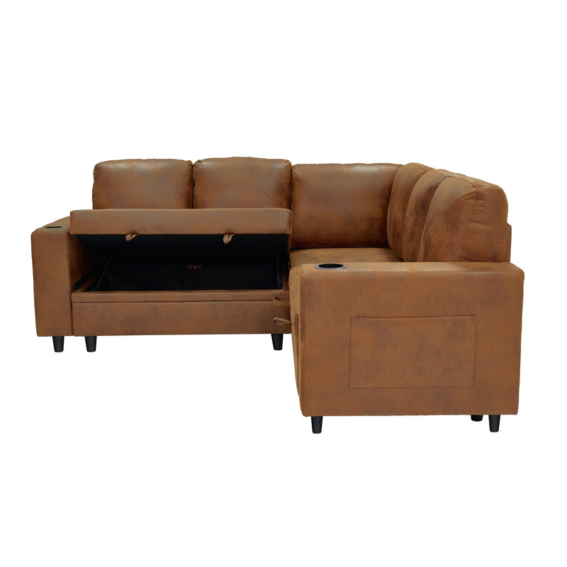 Foil Fabric upholstered L-Shape Sectional Sofa Bed with Pull Out Sleeper and Storage, Convertible Corner Couch with Cup Holders & Side Pockets for Living Room