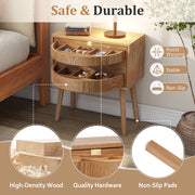 Rotating Hidden Compartment Nightstands, Mid Century Modern Concealment Furniture, Rattan Bed Side Table, Compartment End Table with Wood Legs, Bedside Tables for Bedroom, Living Room, Dorm, Natural