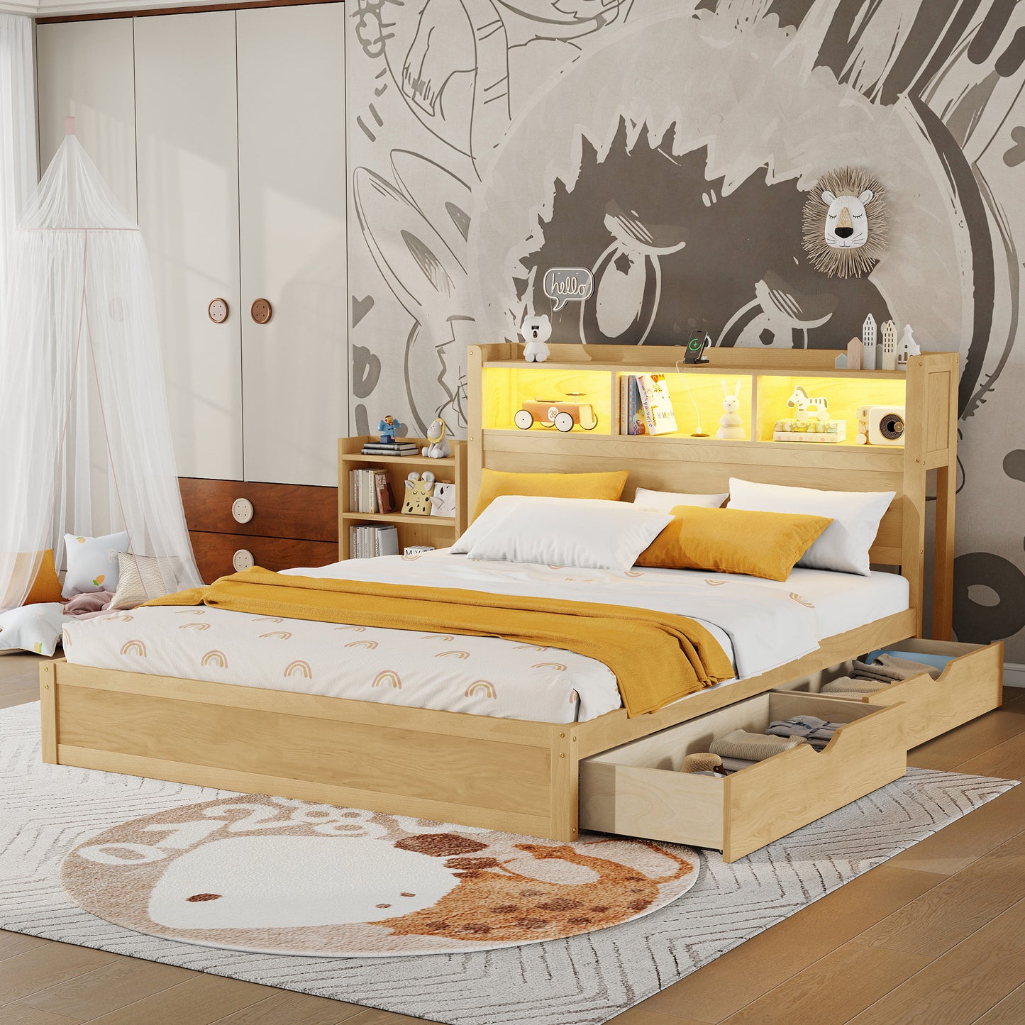 Queen Size Bed with Drawers, Wood Queen Bed with Storage Headboard and Pull Out Storage Cabinet, Wood Bed with Light and Socket,Natural(Expect Arrival Date 2626/7/30)