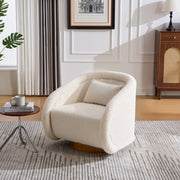 Swivel Accent Chair with Teddy Upholstery in White, 360-Degree Rotating Barrel Chair for Living Room, Bedroom, or Office, Made of Fabric and Solid Rubber Wood