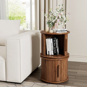 4Piece Round Coffee Table Set, Modern Nesting Side Tables with Sliding Door Storage, Walnut Finish Sofa End Table & Bedside Nightstand for Living Room & Bedroom, Fluted Roman Column Design Accent Tab