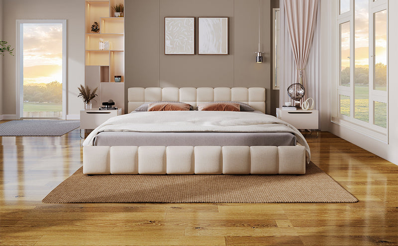 Elegant Beige Chenille Upholstered Bed with Checkerboard Design, Queen, Beige