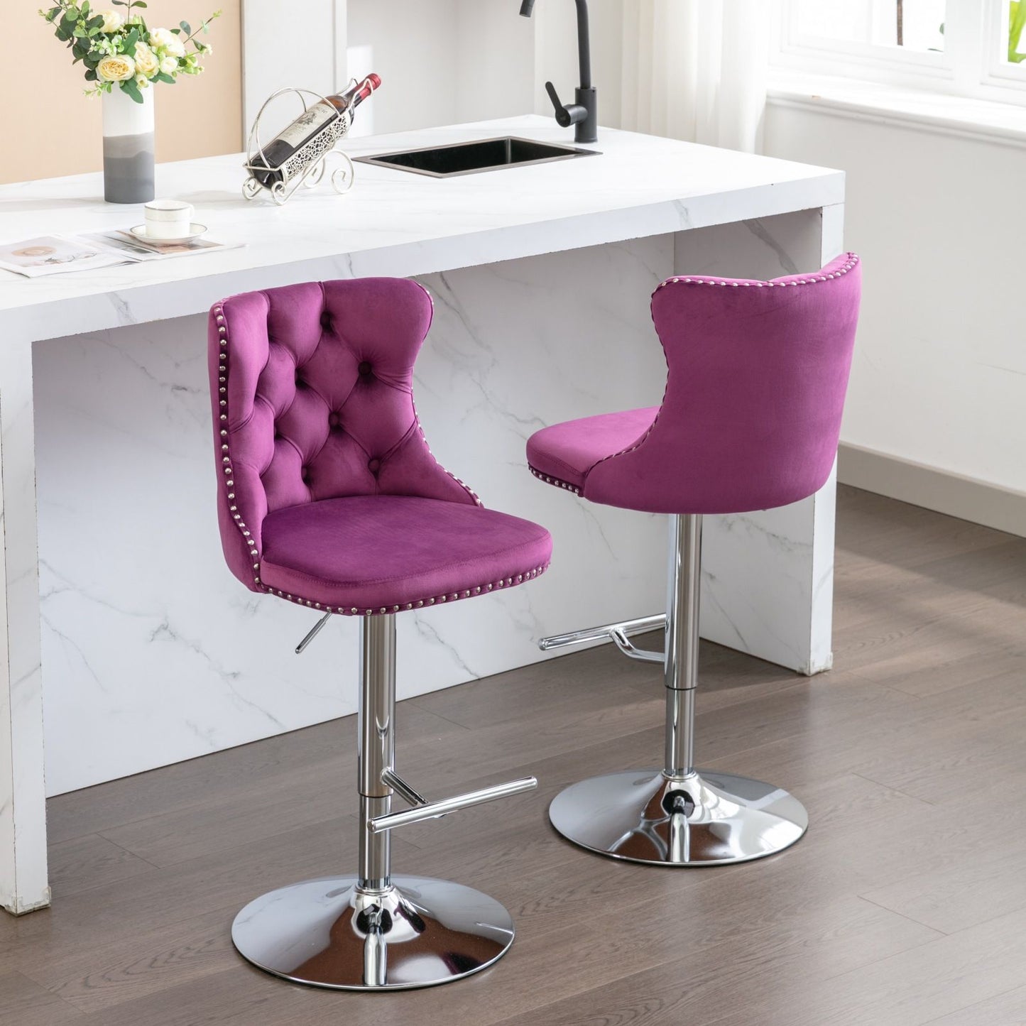 Swivel Barstools Adjusatble Seat Height From 25-33", Modern Upholstered Base Bar Stools With Backs Comfortable Tufted For Home Pub And Kitchen Island (Set of 2)